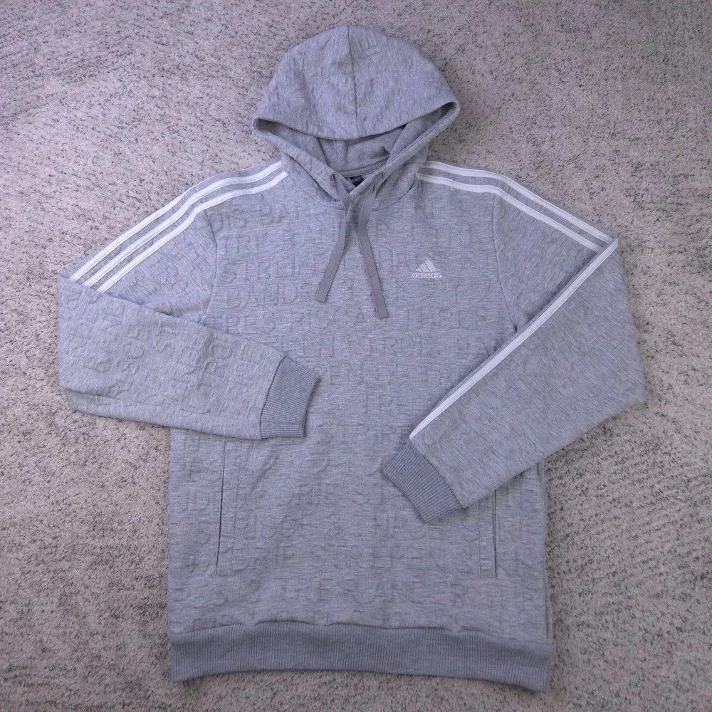 Adidas Hoodie Men Medium Typography Jacquard Tonal Print Pullover Sweatshirt